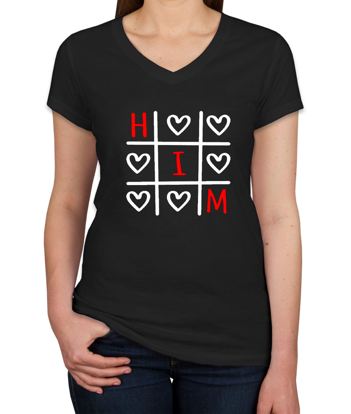 Tic Tac XO Him Valentine's Day Matching Women's V Neck T-shirt