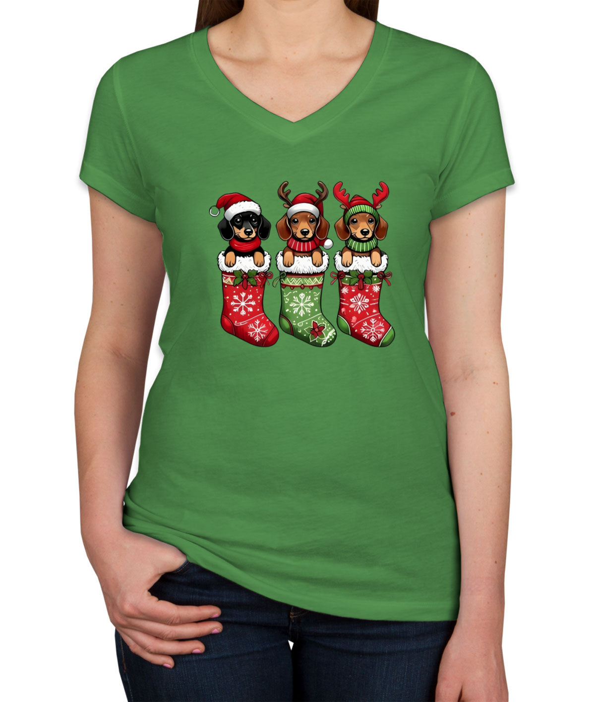 Dogs In Christmas Stockings Women's V Neck T-shirt