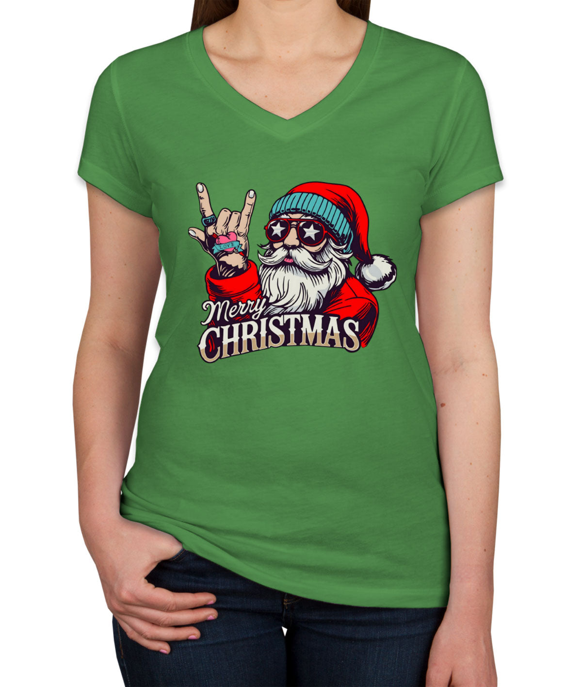 Rock Santa Claus Christmas Women's V Neck T-shirt