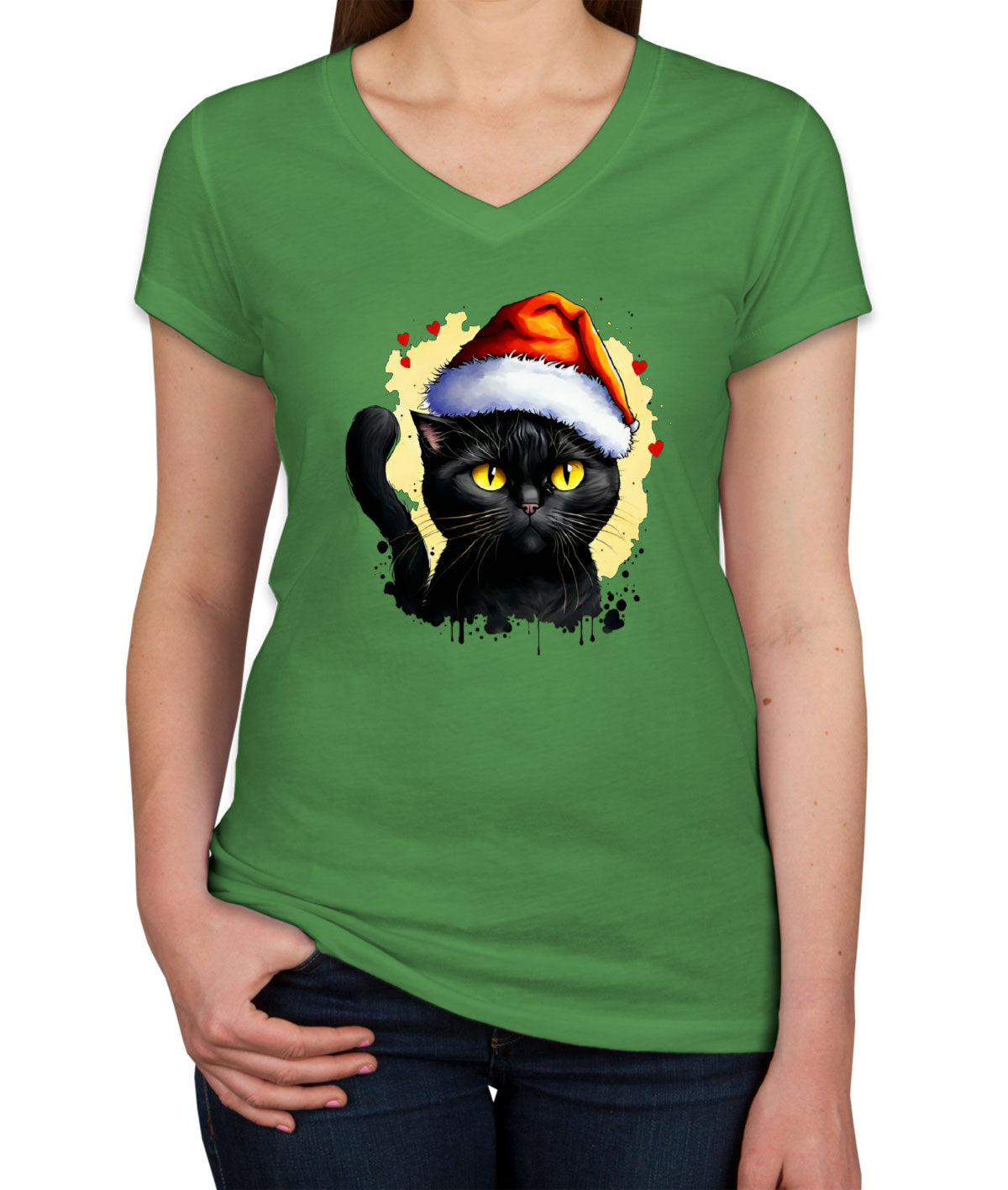 Santa Black Cat Women's V Neck T-shirt