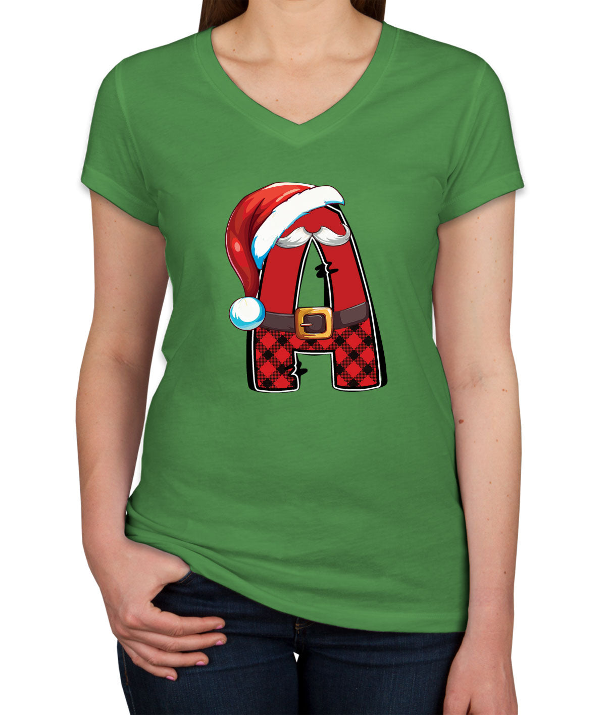 Christmas Santa Alphabet Letters [Custom Initial] Women's V Neck T-shirt