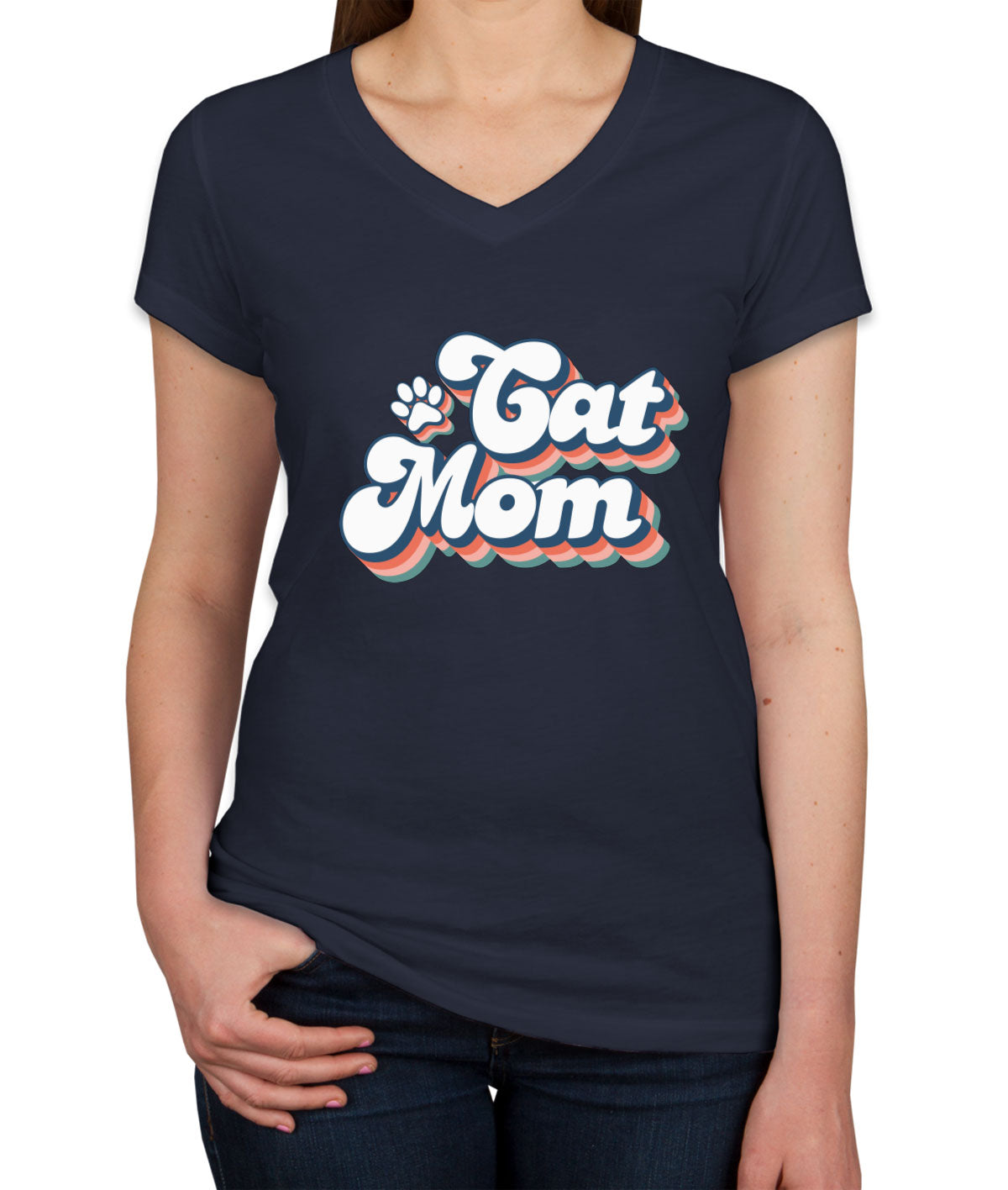 Retro Cat Mom Women's V Neck T-shirt