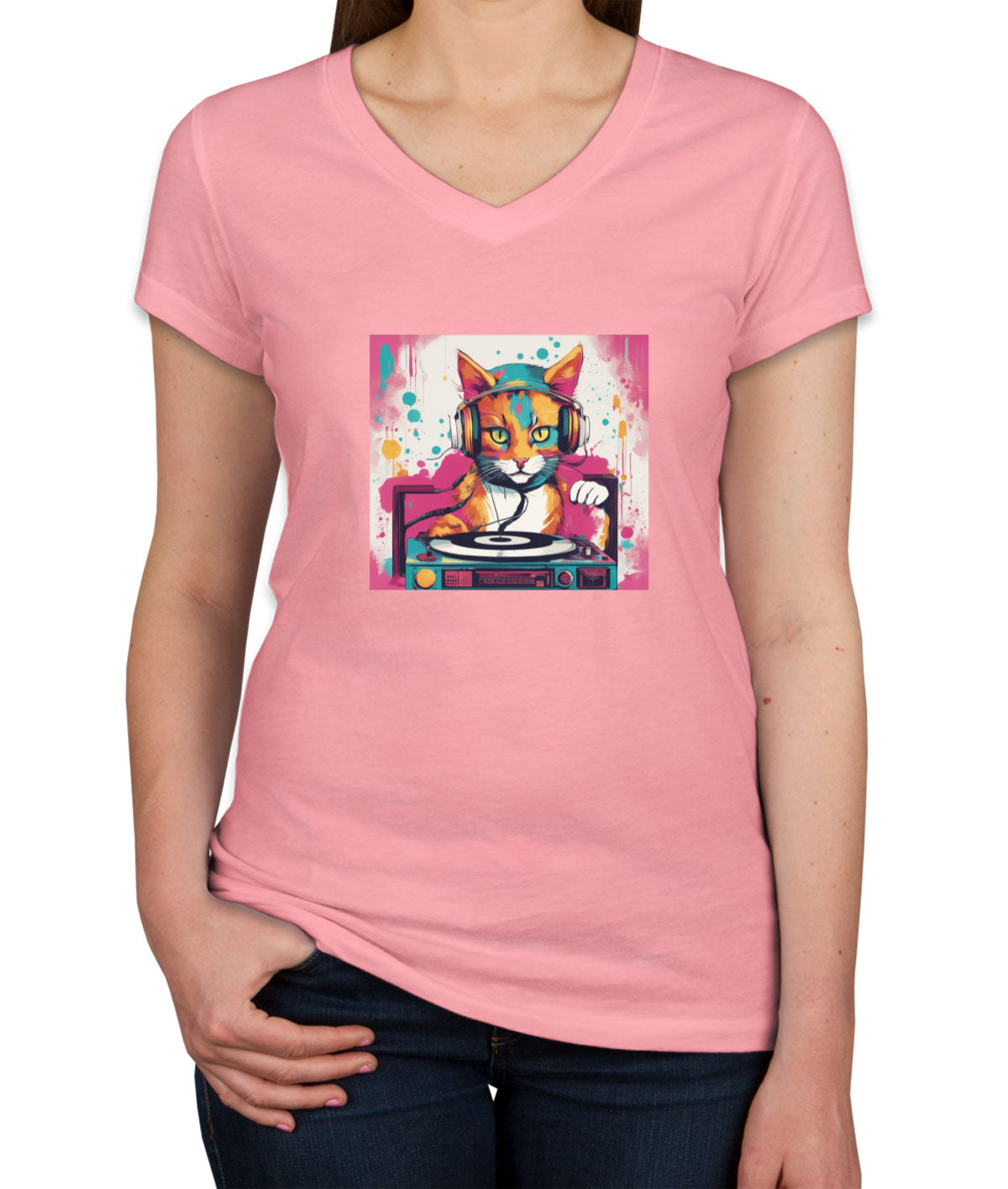 Dj Cat Women's V Neck T-shirt