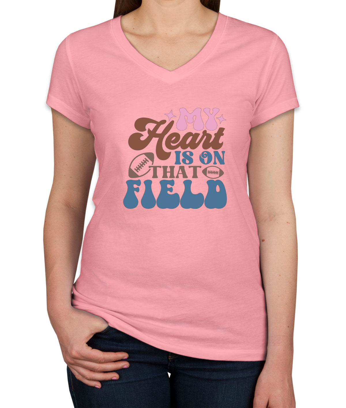 My Heart Is On That Field Football Mom Women's V Neck T-shirt