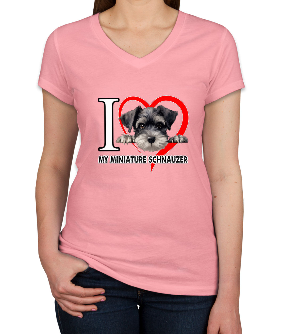 I Love My Miniature Schnauzer Dog Women's V Neck T-shirt