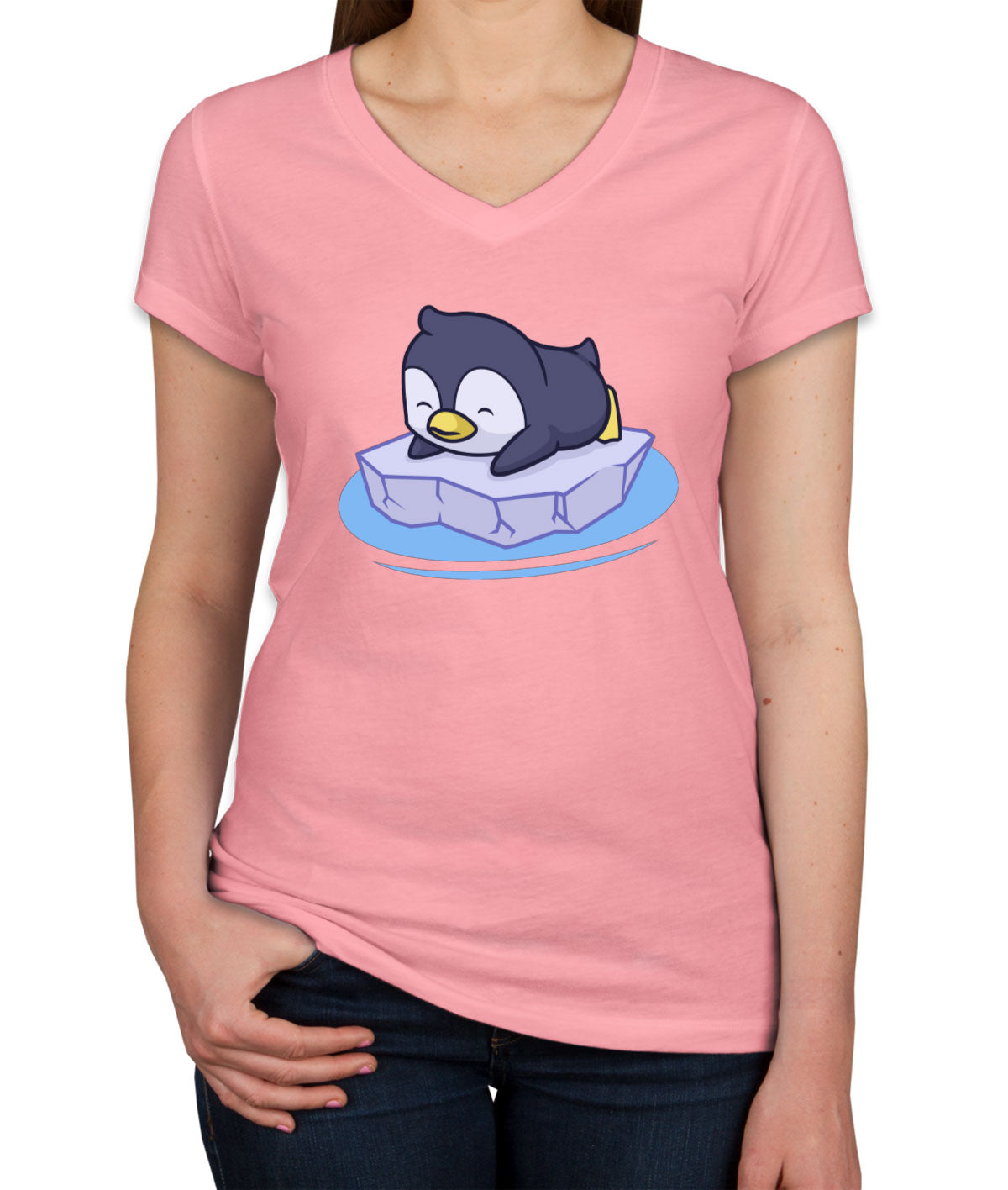 Penguin On Ice Block Women's V Neck T-shirt