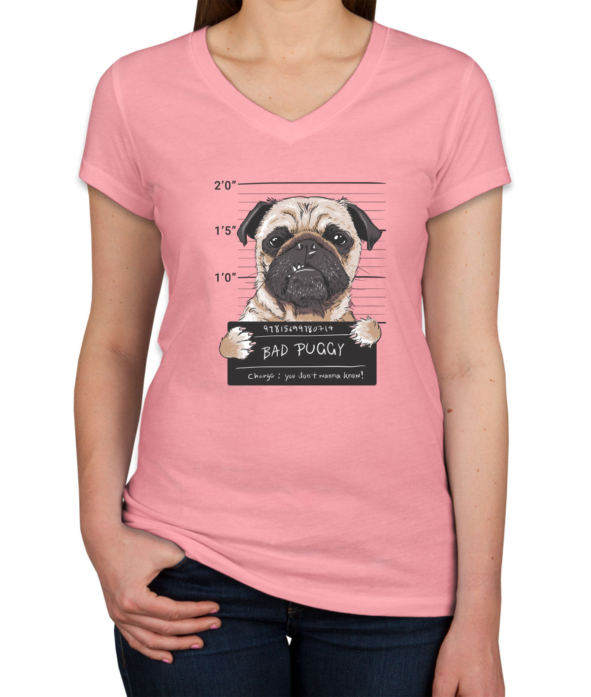 Funny Pug Dog Mugshot Women's V Neck T-shirt