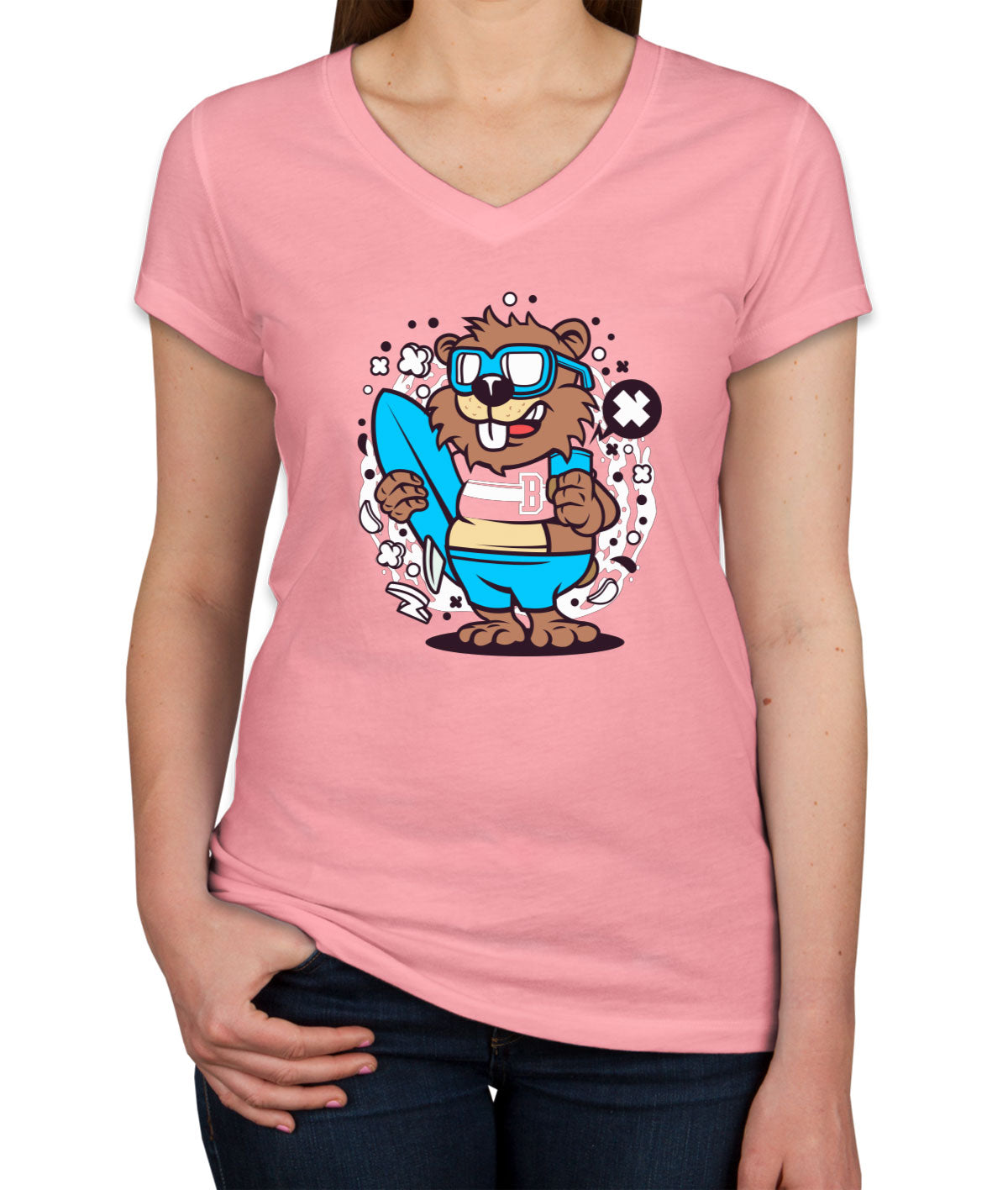 Surfing Beaver Women's V Neck T-shirt