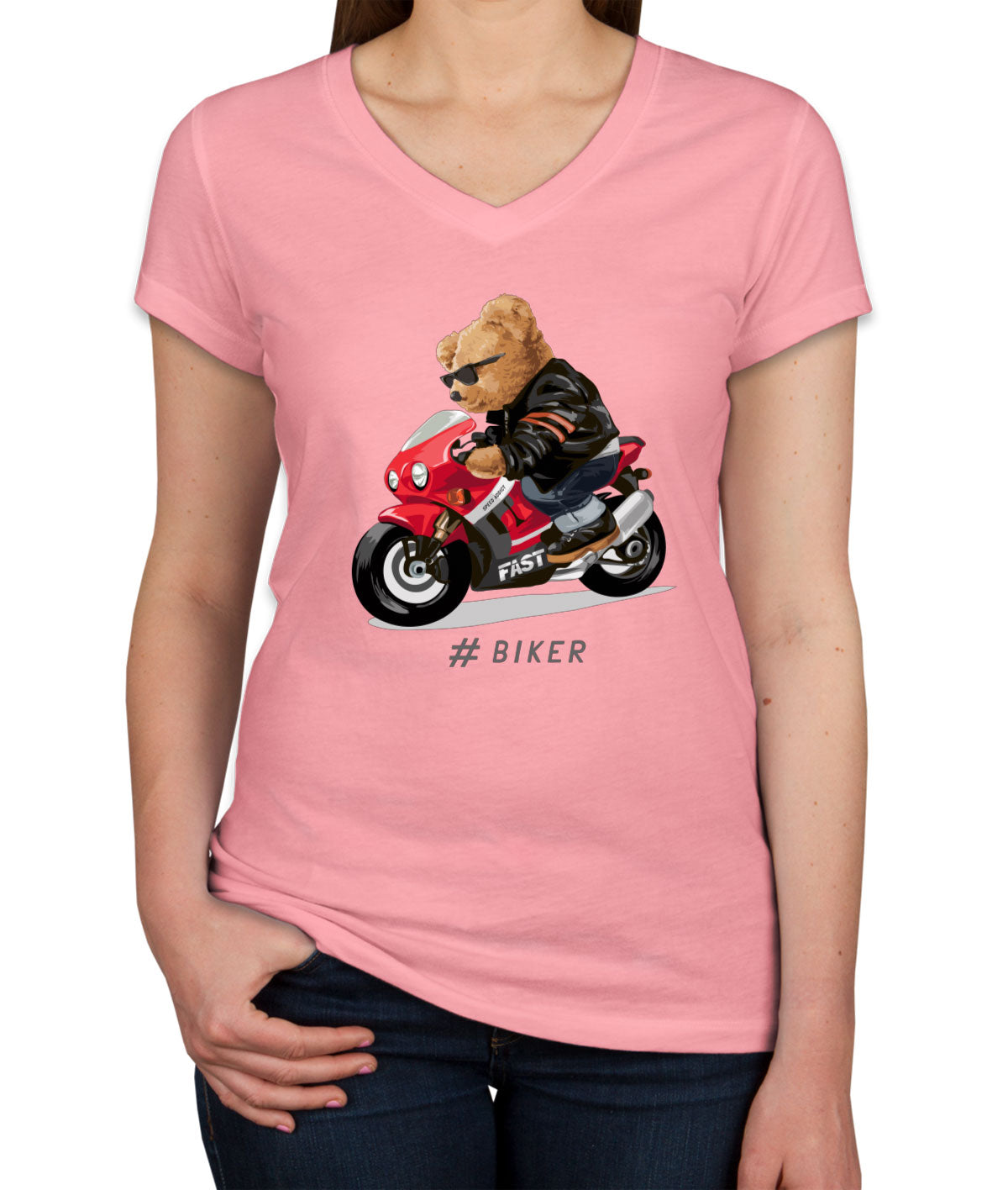 Teddy Bear Cool Biker Women's V Neck T-shirt