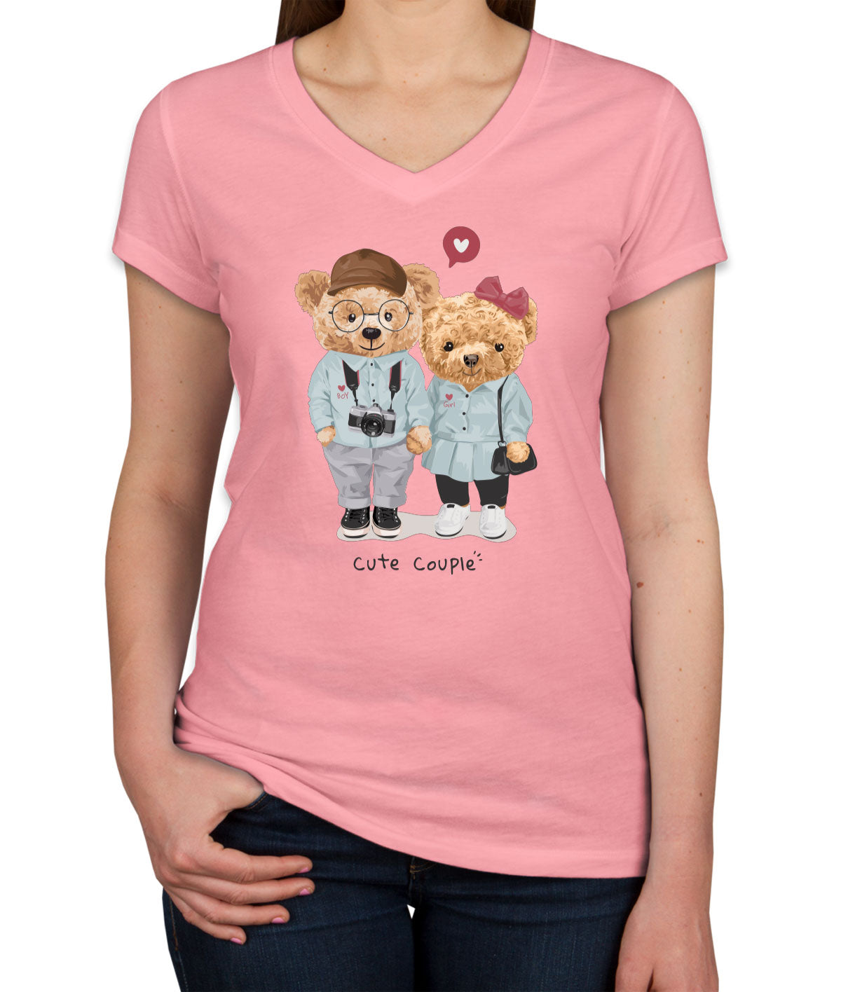 Teddy Bear Cute Couple Women's V Neck T-shirt