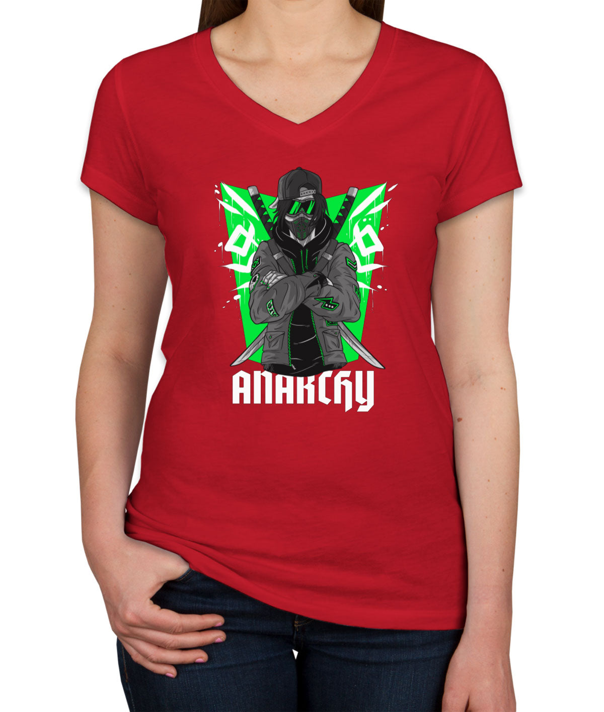 Anarchy Anarchist Ninja Samurai Warrior Anime Women's V Neck T-shirt