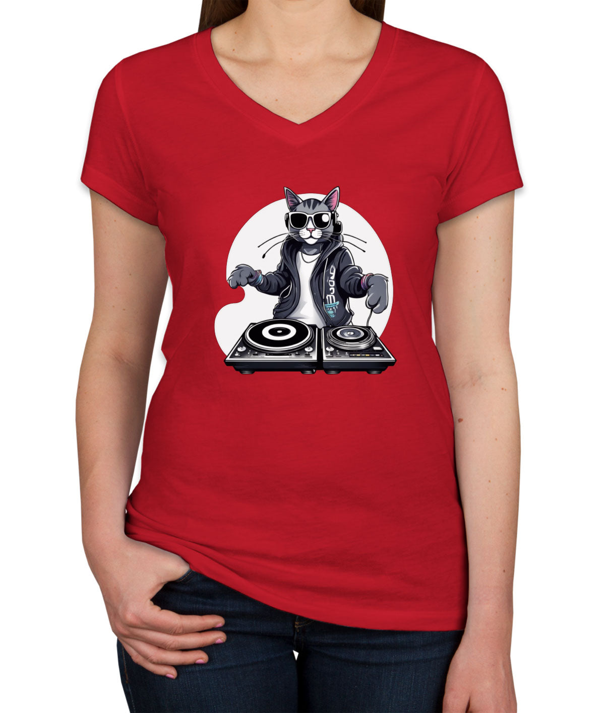 Cool Dj Cat Women's V Neck T-shirt