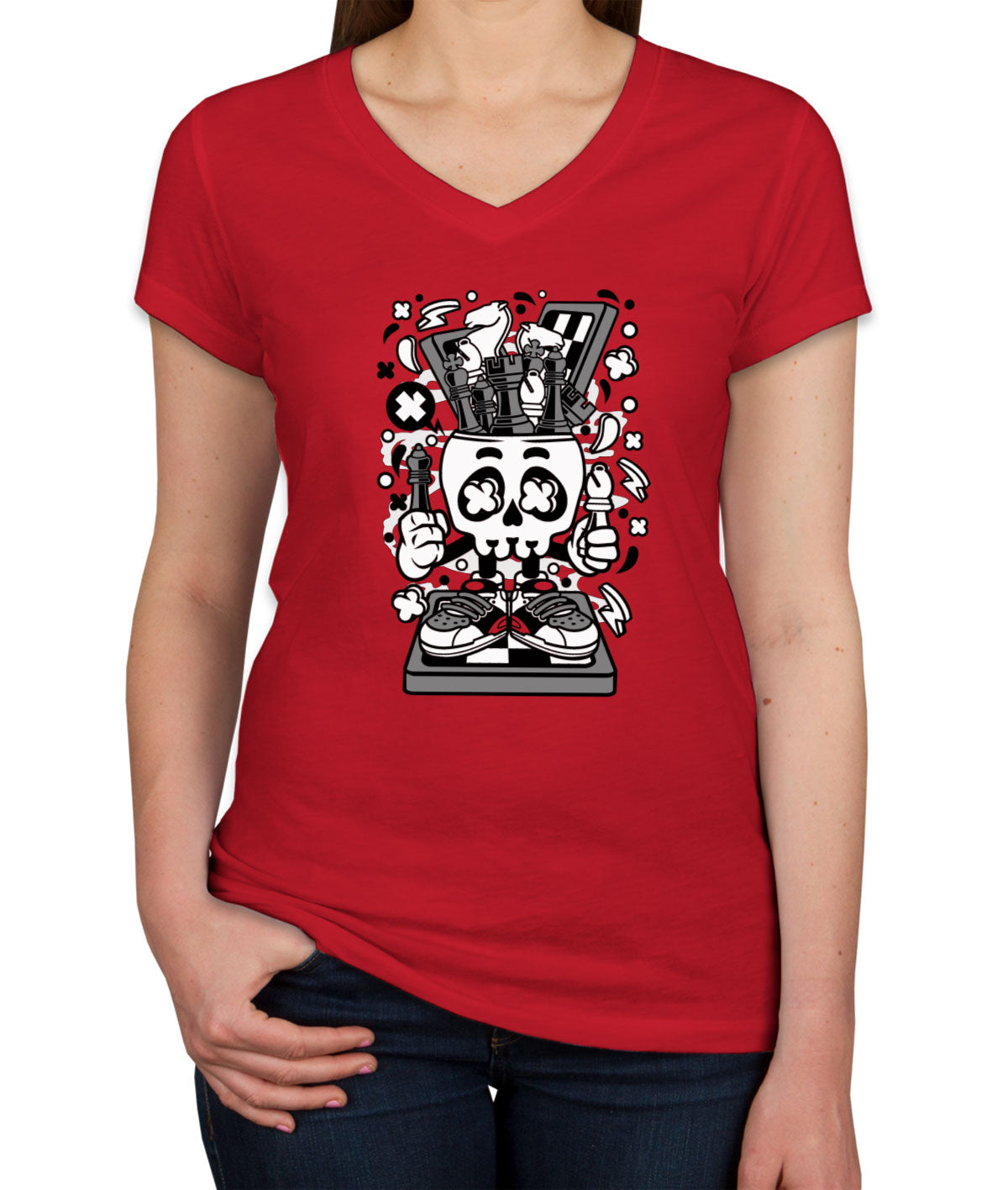 Chess Skull Head Women's V Neck T-shirt