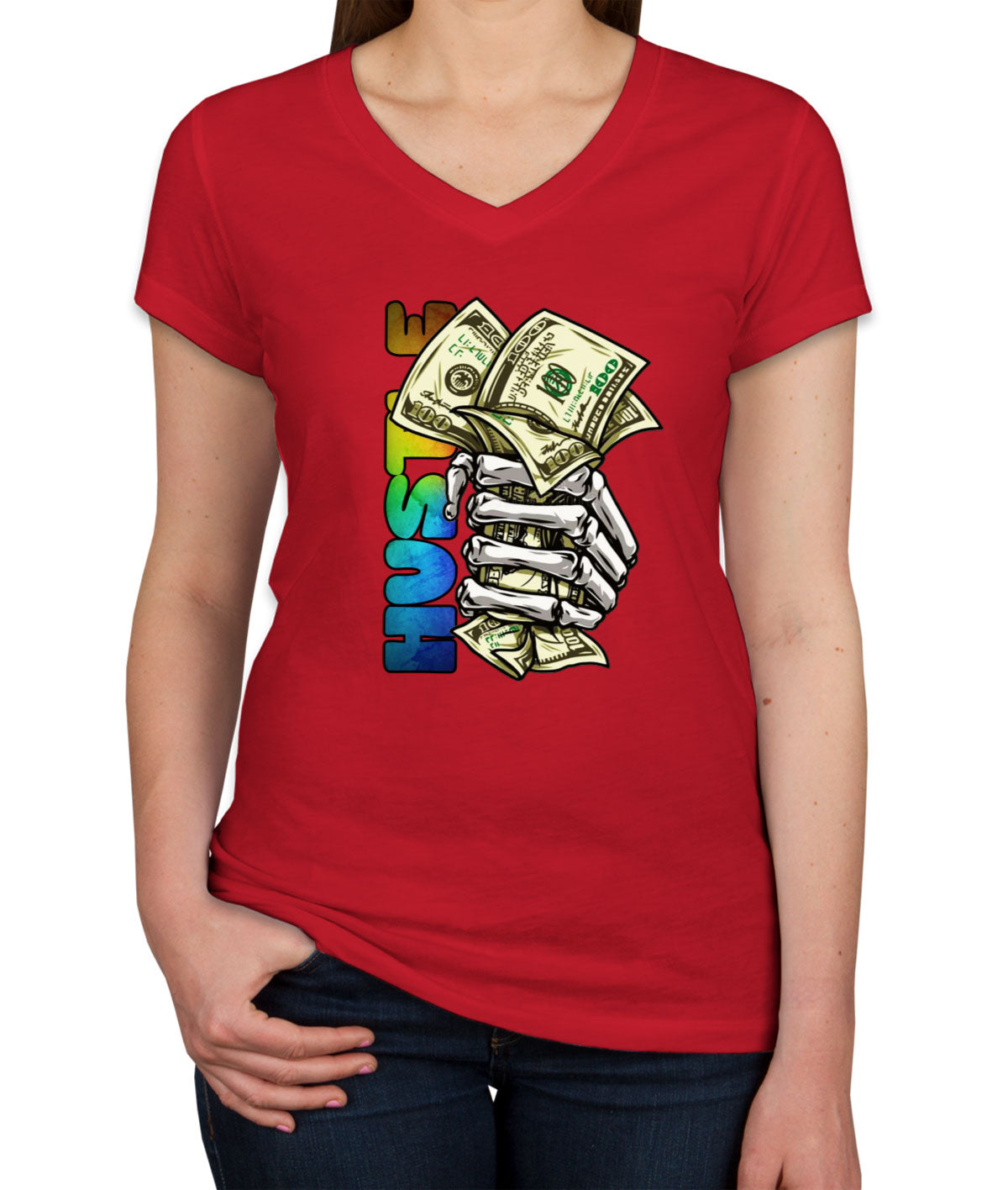 Hustle Hand Holding Money Women's V Neck T-shirt