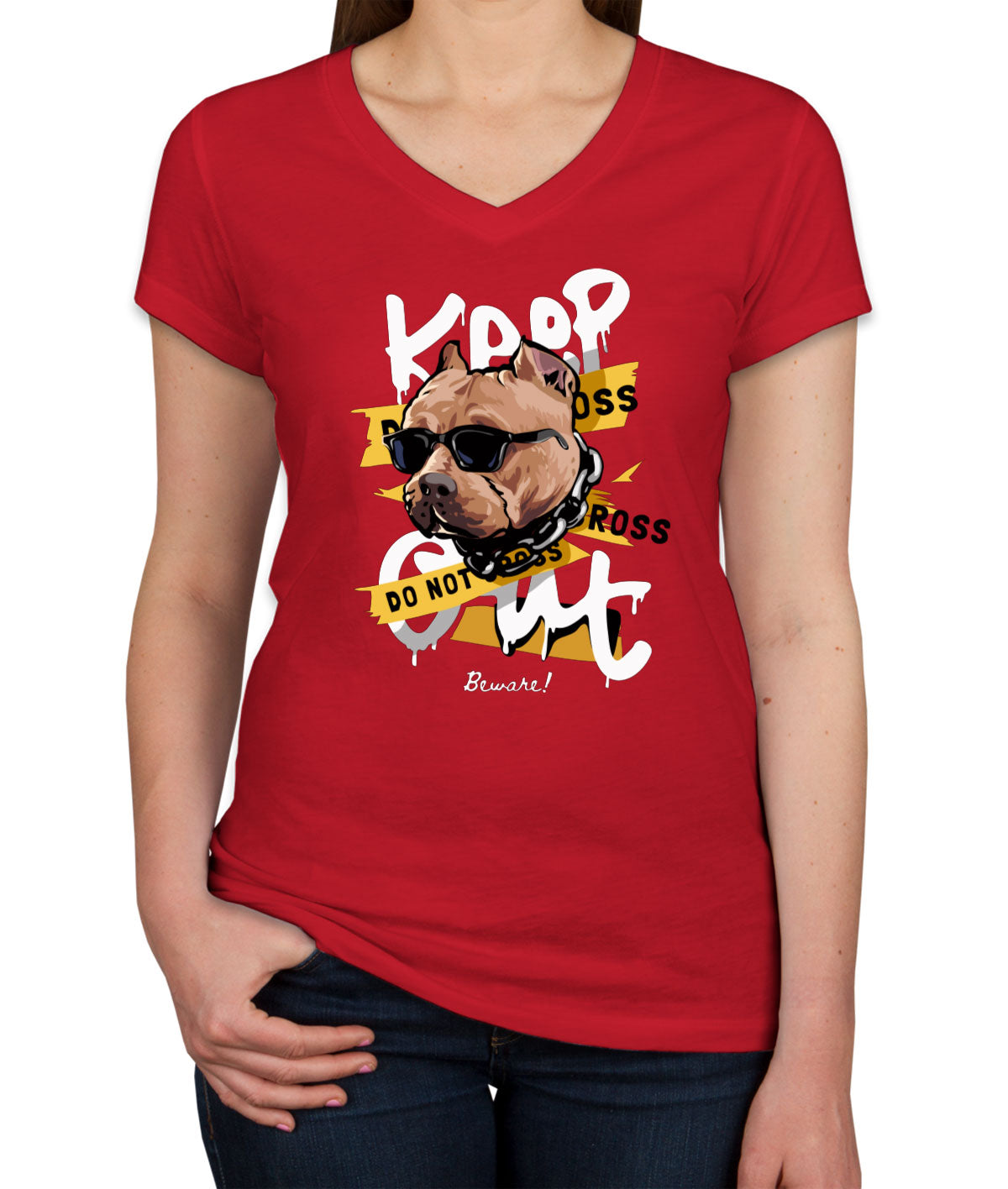 Keep Out Pitbull Dog Women's V Neck T-shirt