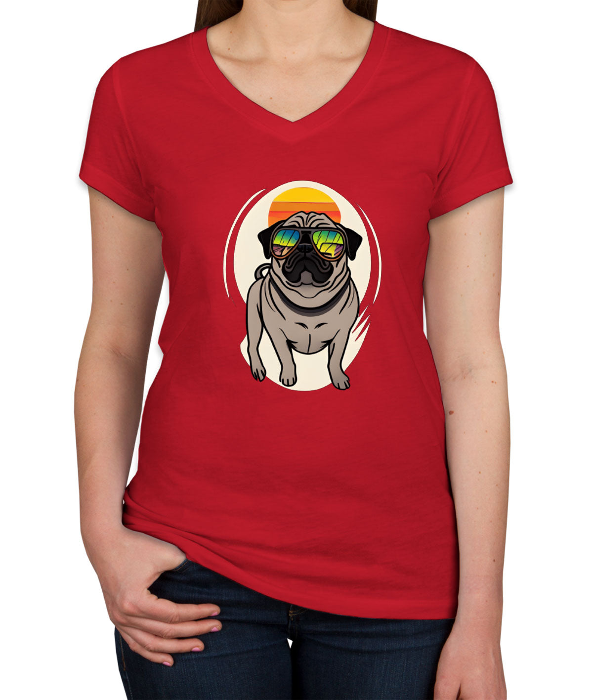 Pug Dog With Sunglasses Women's V Neck T-shirt