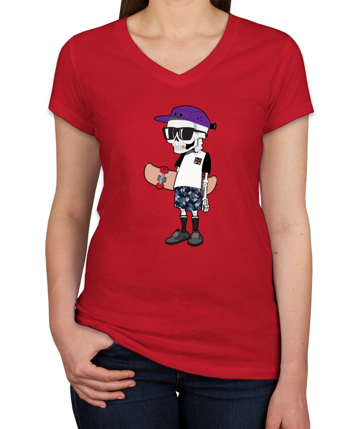 Skeleton Skateboard Women's V Neck T-shirt