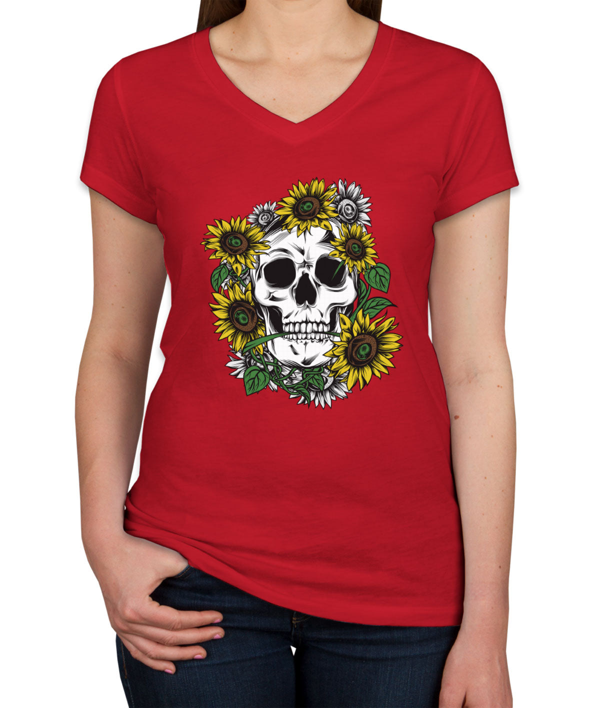 Sunflower Skull Women's V Neck T-shirt