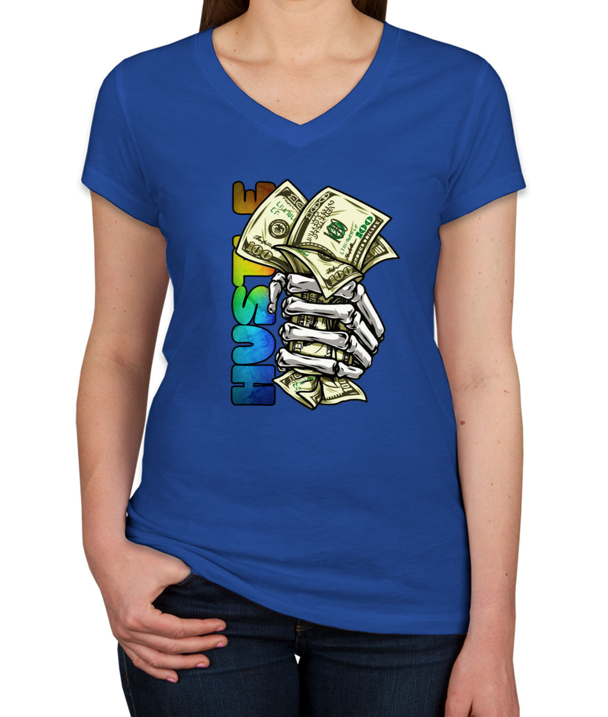 Hustle Hand Holding Money Women's V Neck T-shirt