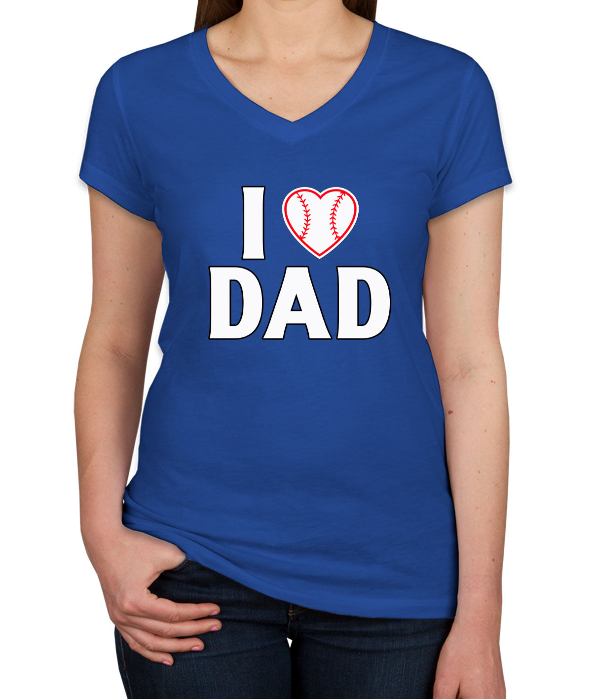 I Love Dad Baseball Heart Women's V Neck T-shirt