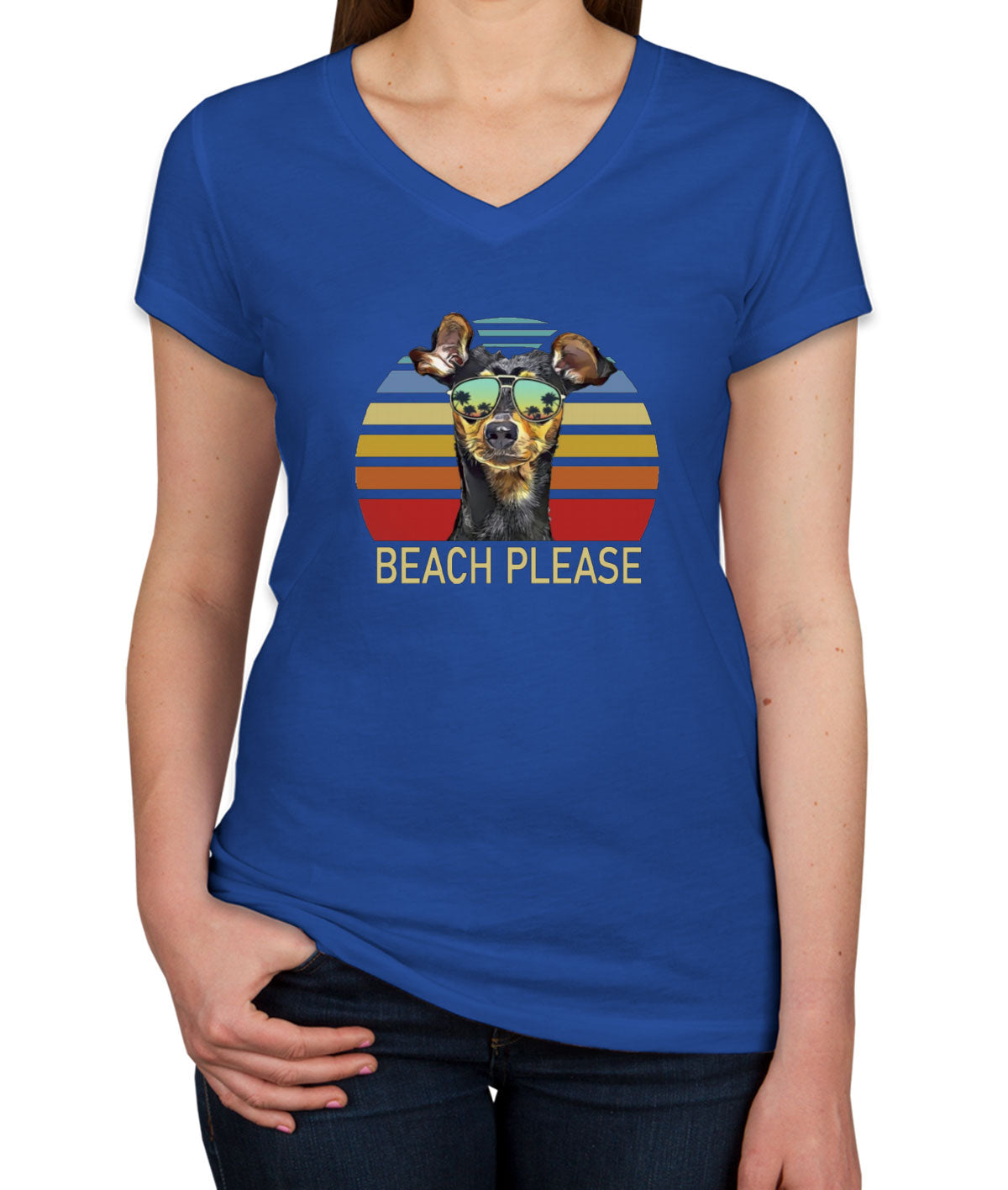 Beach Please Miniature Pinscher Dog Women's V Neck T-shirt