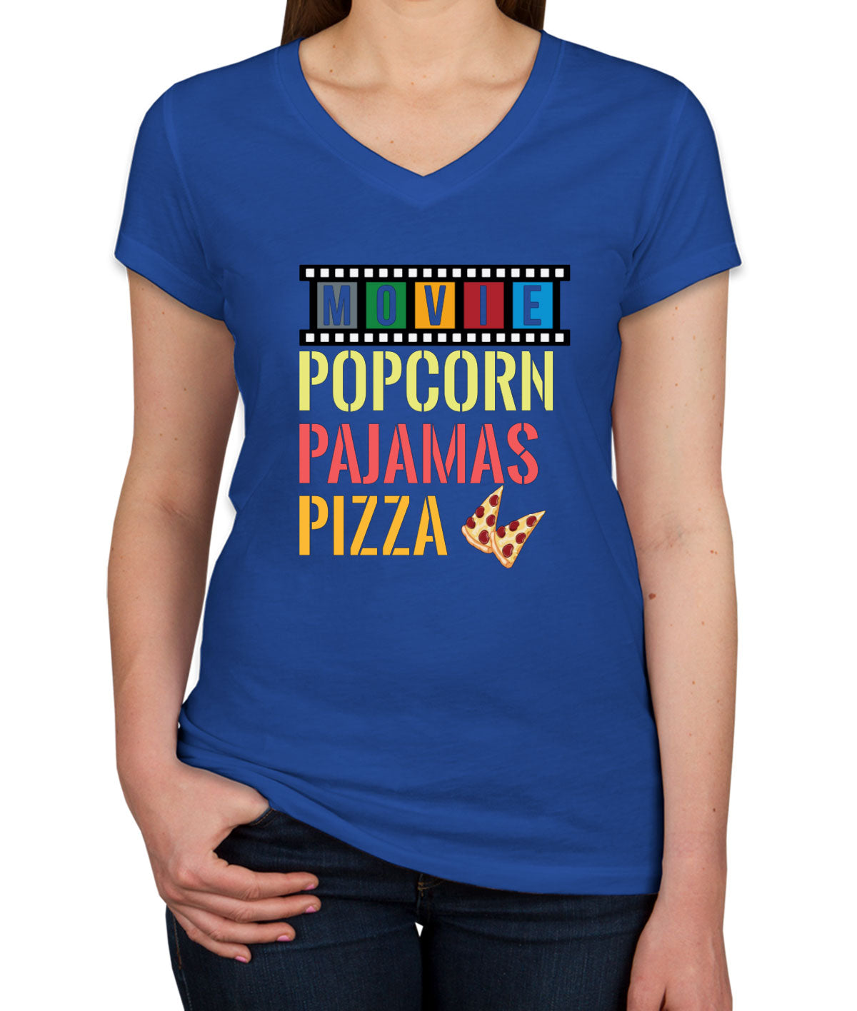 Movie Popcorn Pajamas Pizza  Women's V Neck T-shirt