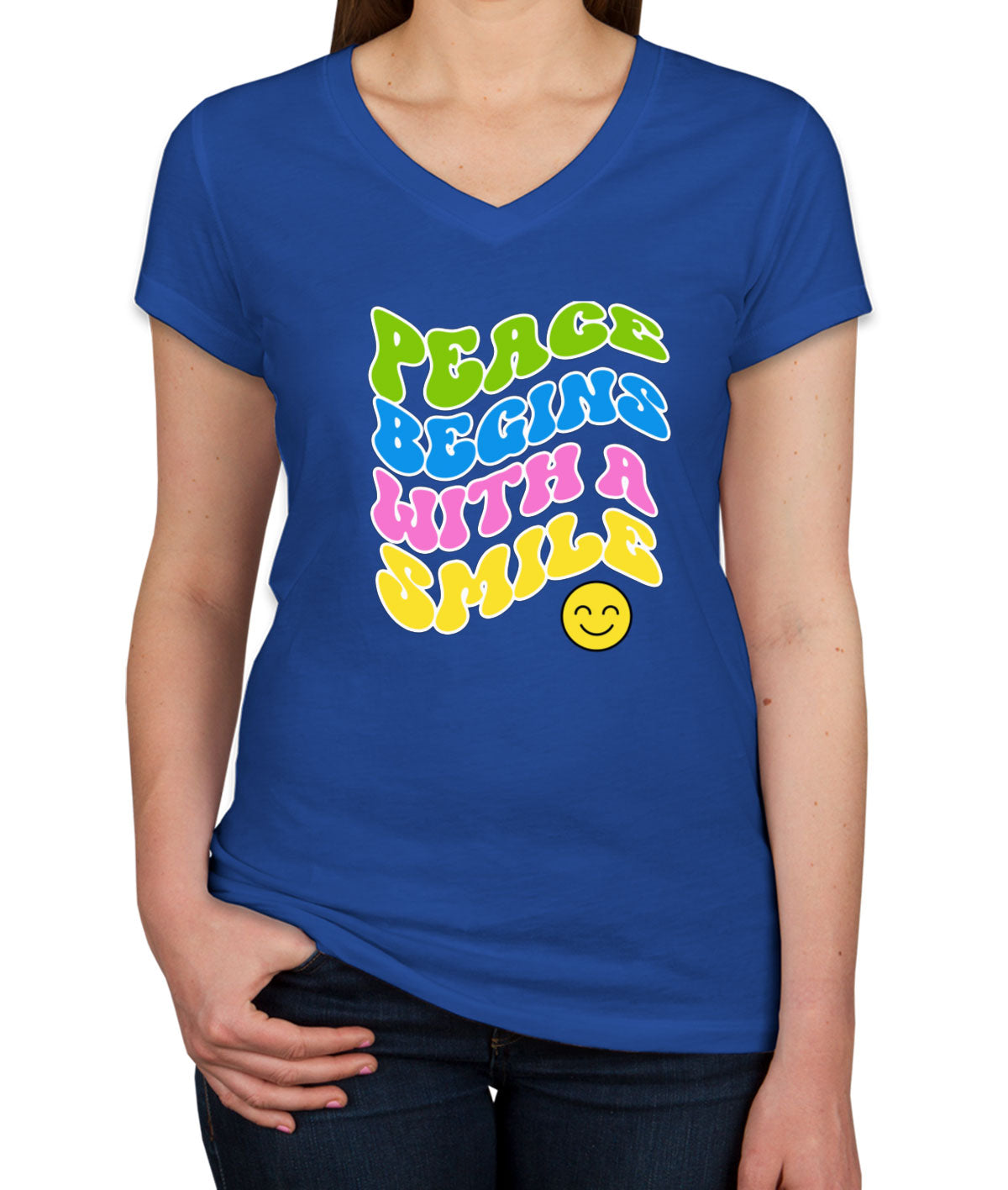 Peace Begins With A Smile Women's V Neck T-shirt