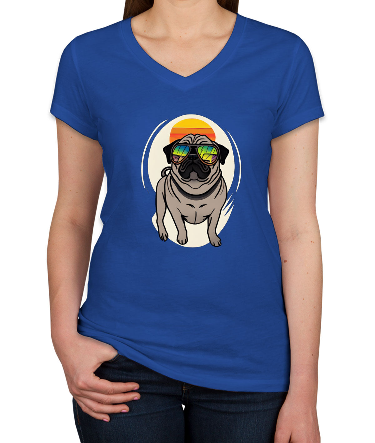 Pug Dog With Sunglasses Women's V Neck T-shirt