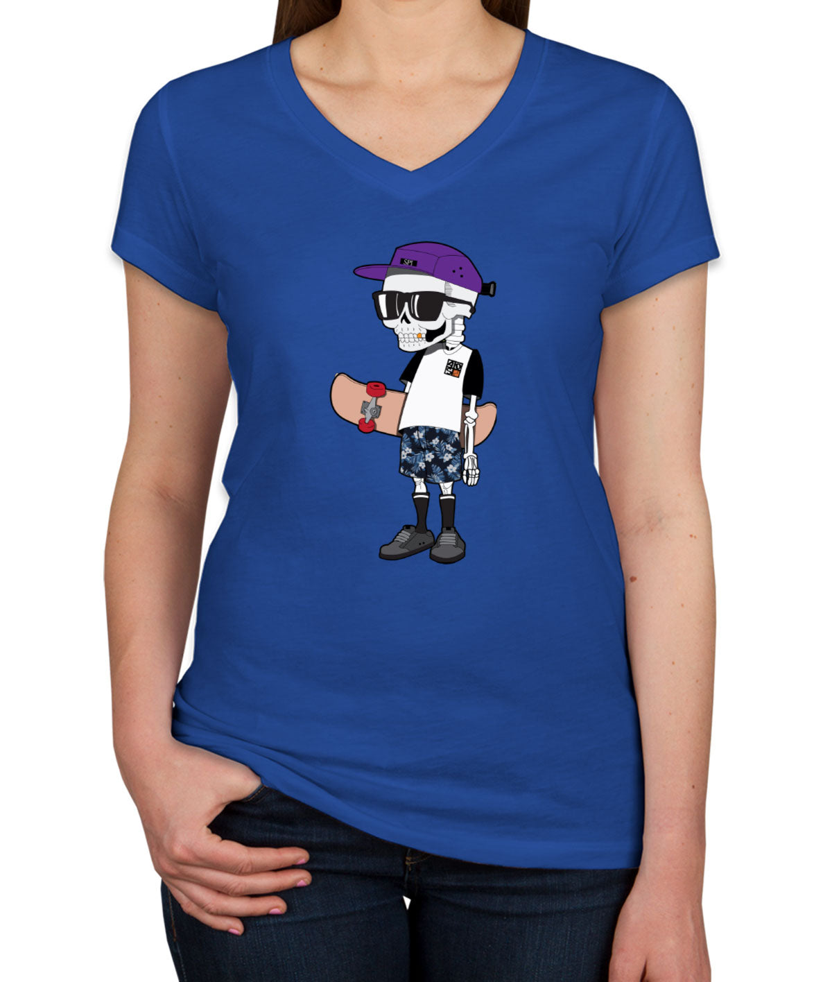 Skeleton Skateboard Women's V Neck T-shirt