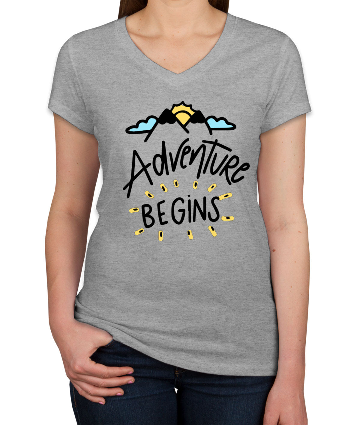 Adventure Begins Camping Women's V Neck T-shirt