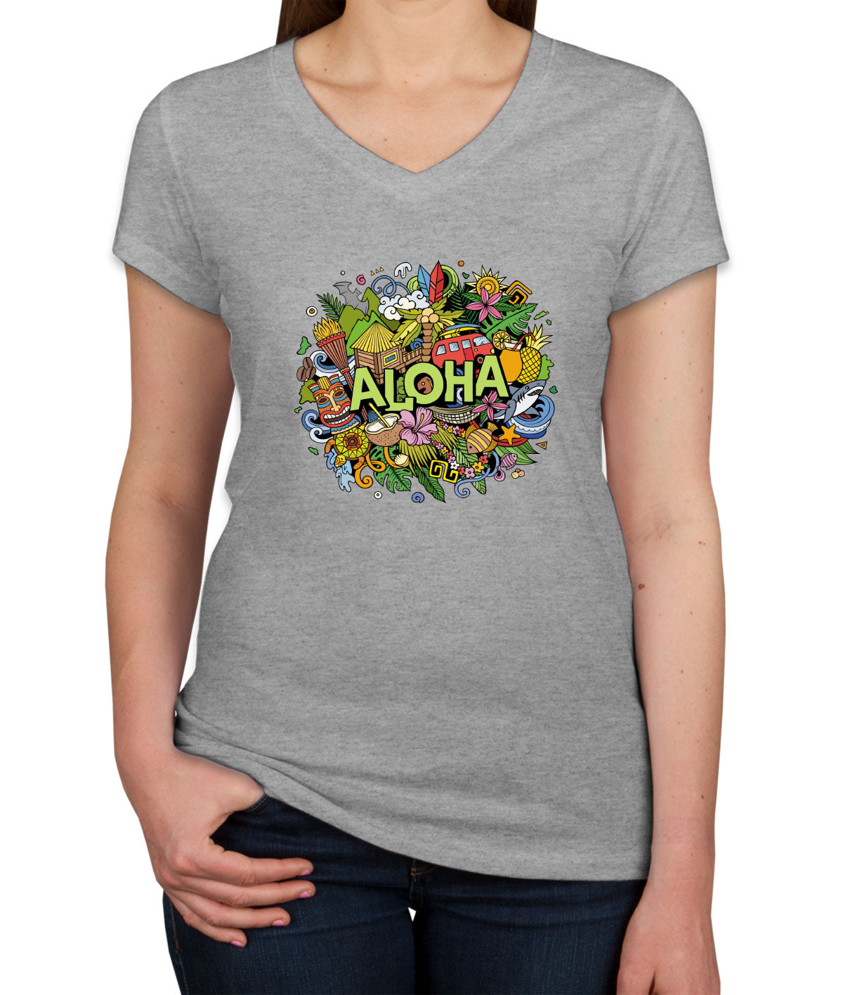 Aloha Hawaii Doodle Women's V Neck T-shirt