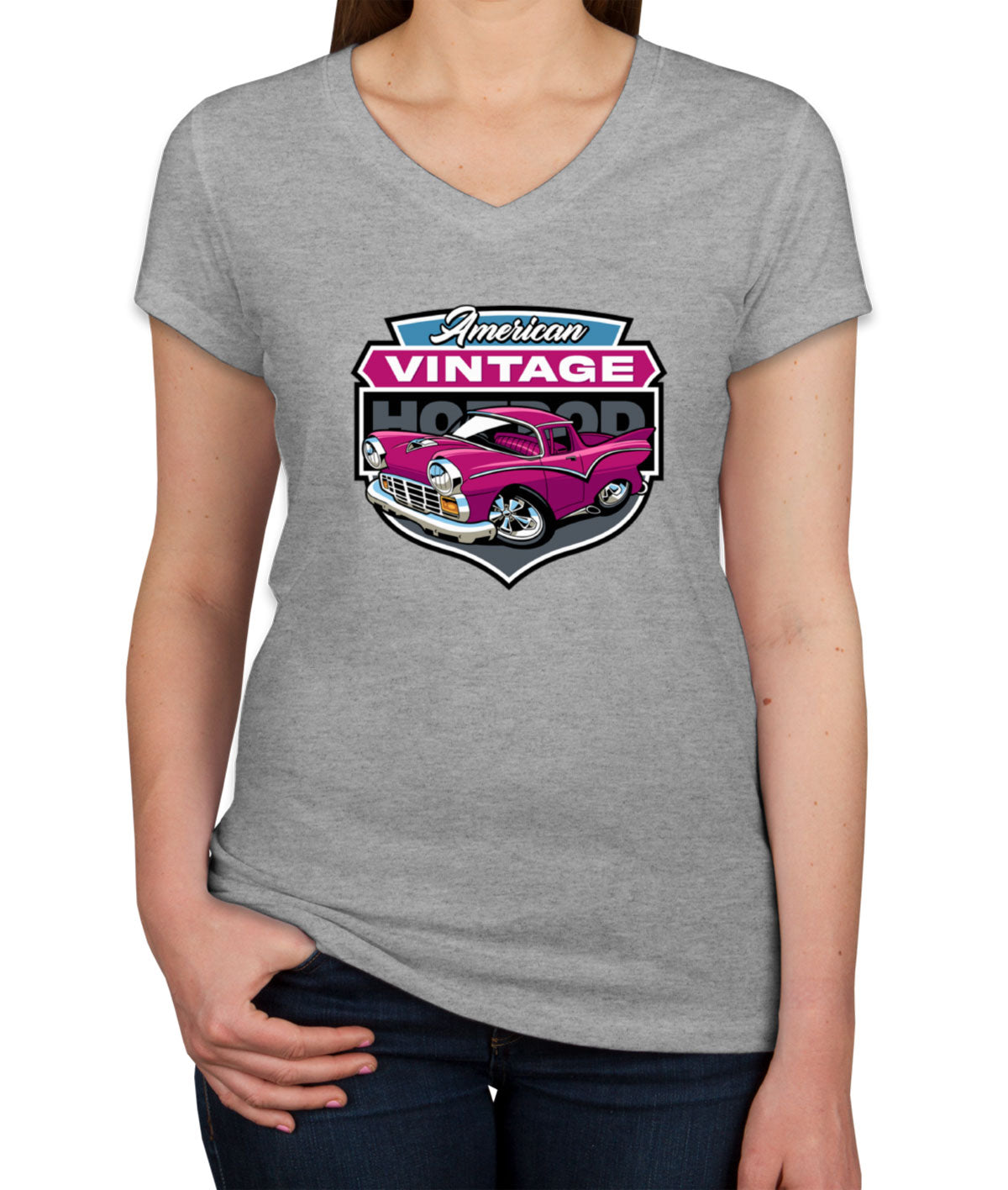 American Vintage Hotrod Car Women's V Neck T-shirt