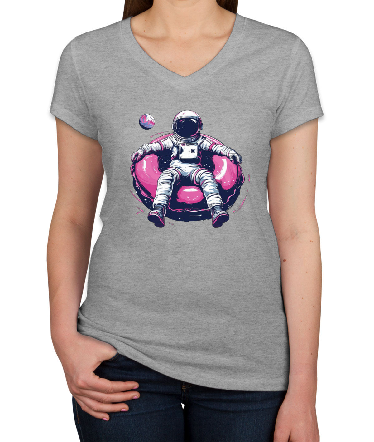 Astronaut On A Pink Float Women's V Neck T-shirt