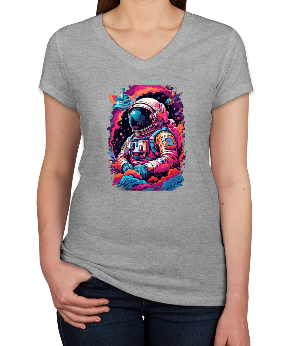 Illustration Colorful Astronaut in the Galaxy Women's V Neck T-shirt