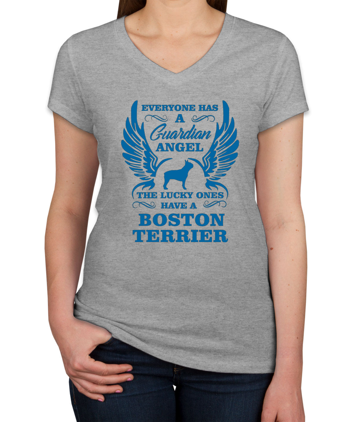 Boston Terrier Guardian Angel Dog Women's V Neck T-shirt