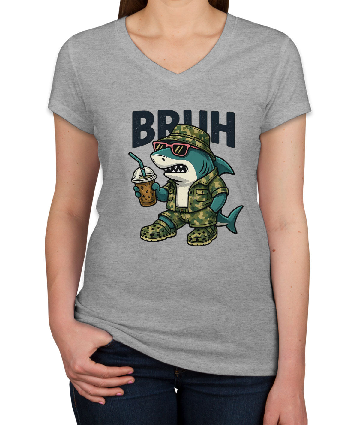 Camo Shark Bruh Hunting Women's V Neck T-shirt