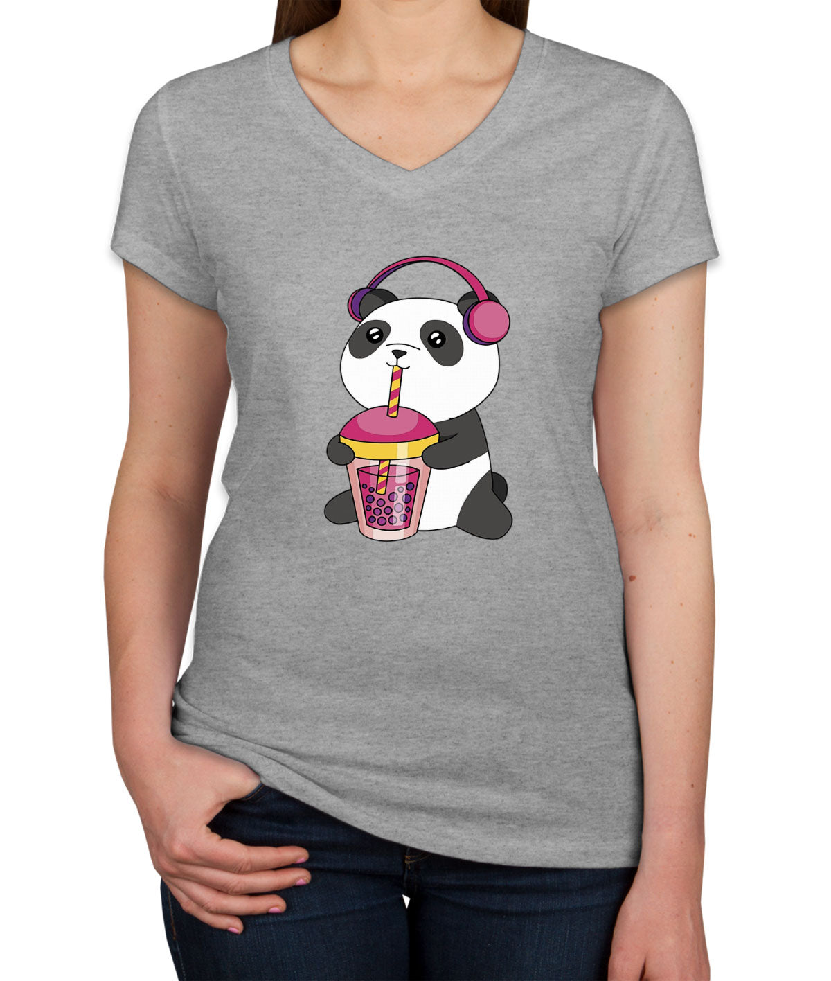 Panda Drinking Bubble Tea Women's V Neck T-shirt