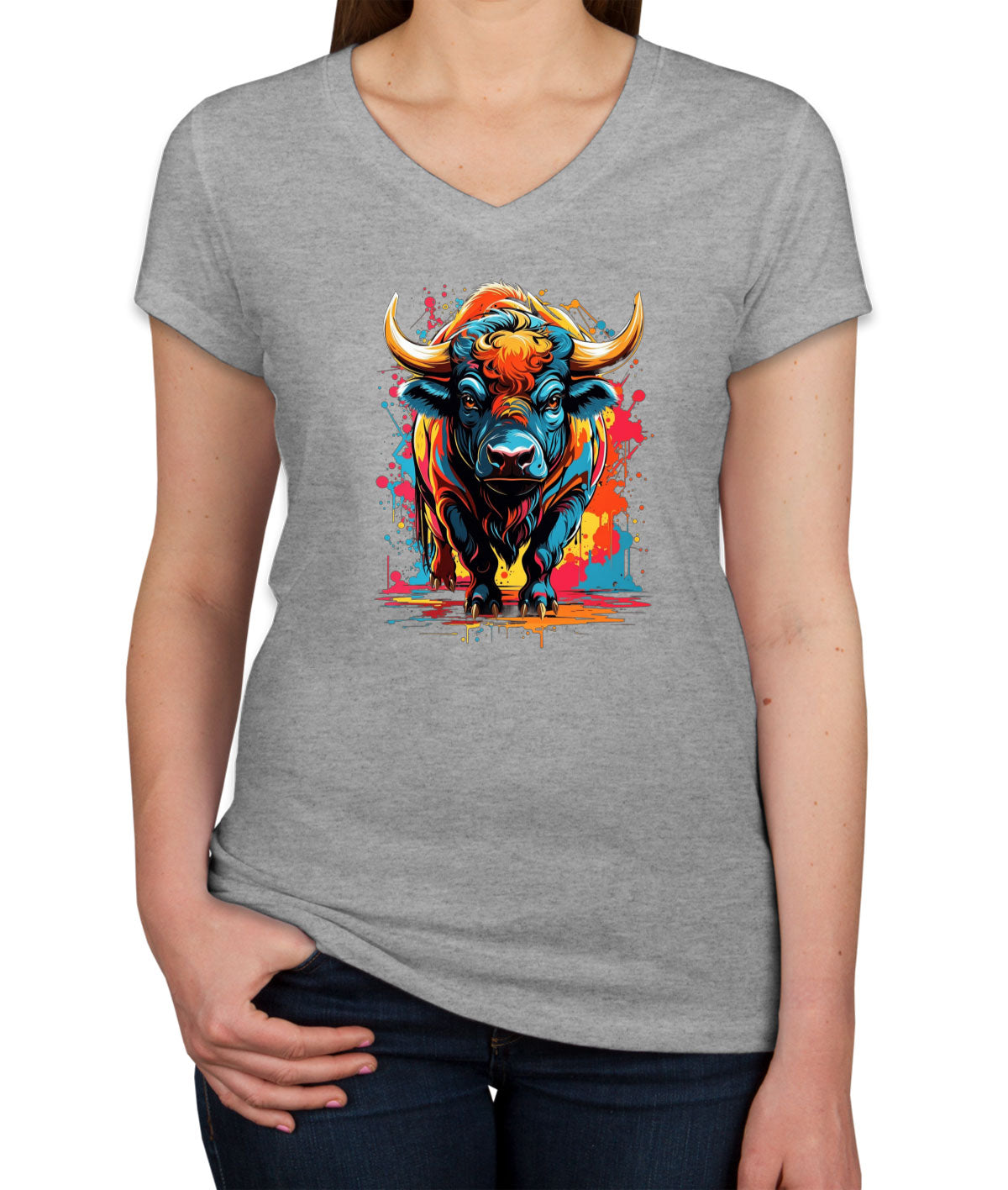 Illustration Colorful Bull Women's V Neck T-shirt