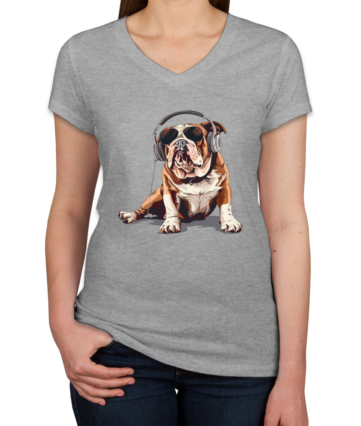 Bulldog With Headphone Women's V Neck T-shirt