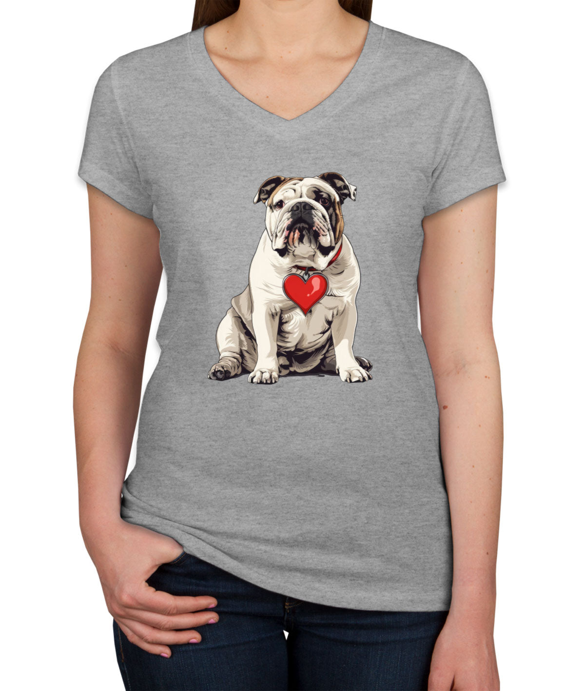 Bulldog With Heart Women's V Neck T-shirt