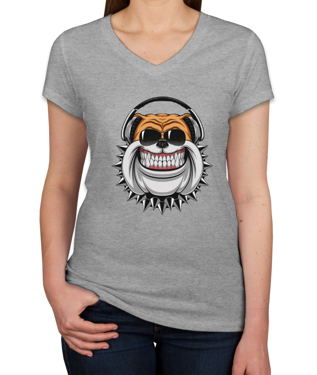 Bulldog With Headphone Cartoon Women's V Neck T-shirt