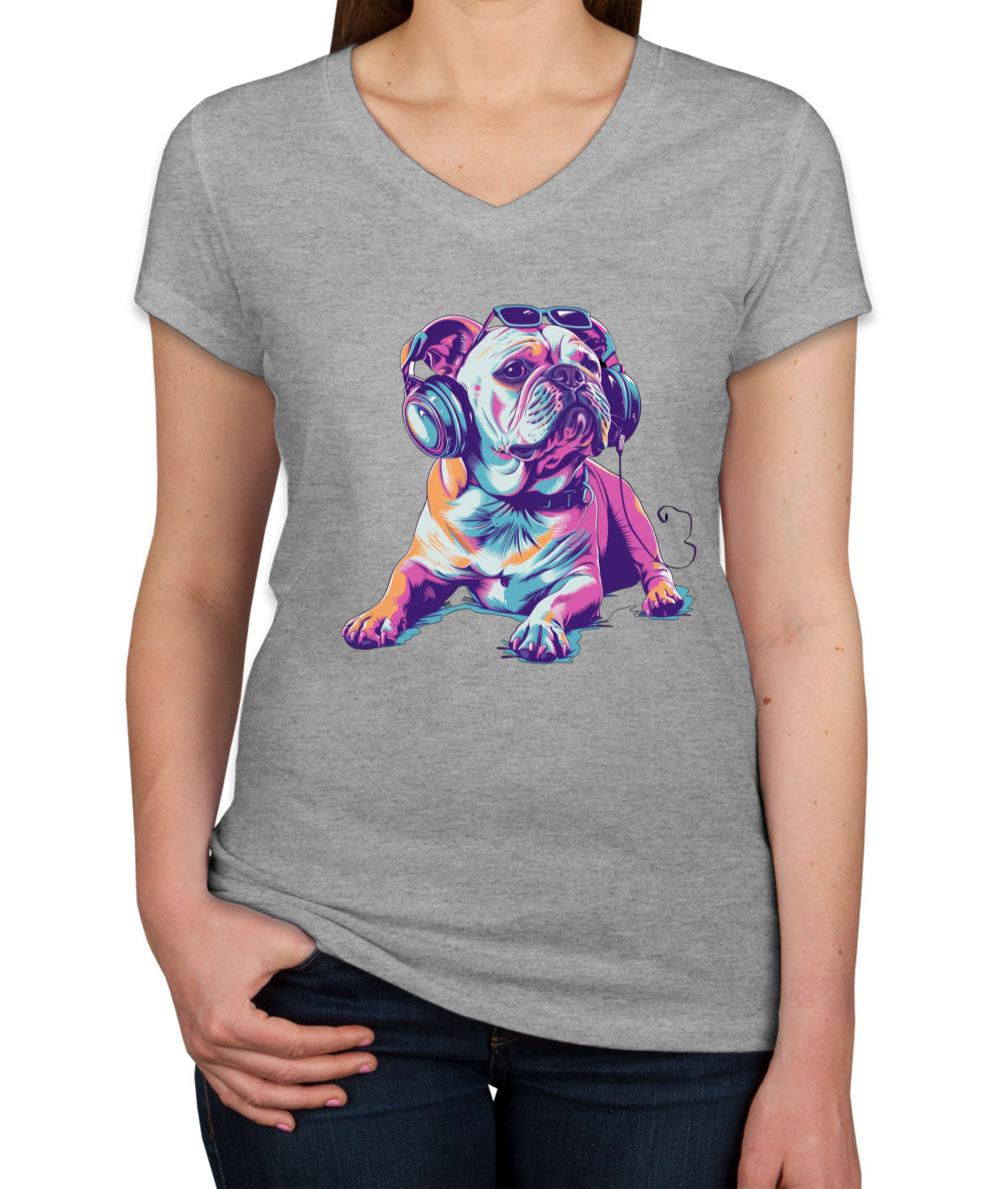 Bulldog With Headphone And Sunglasses Women's V Neck T-shirt