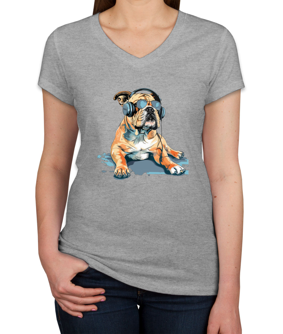 Bulldog With Headphone And Sunglasses Women's V Neck T-shirt