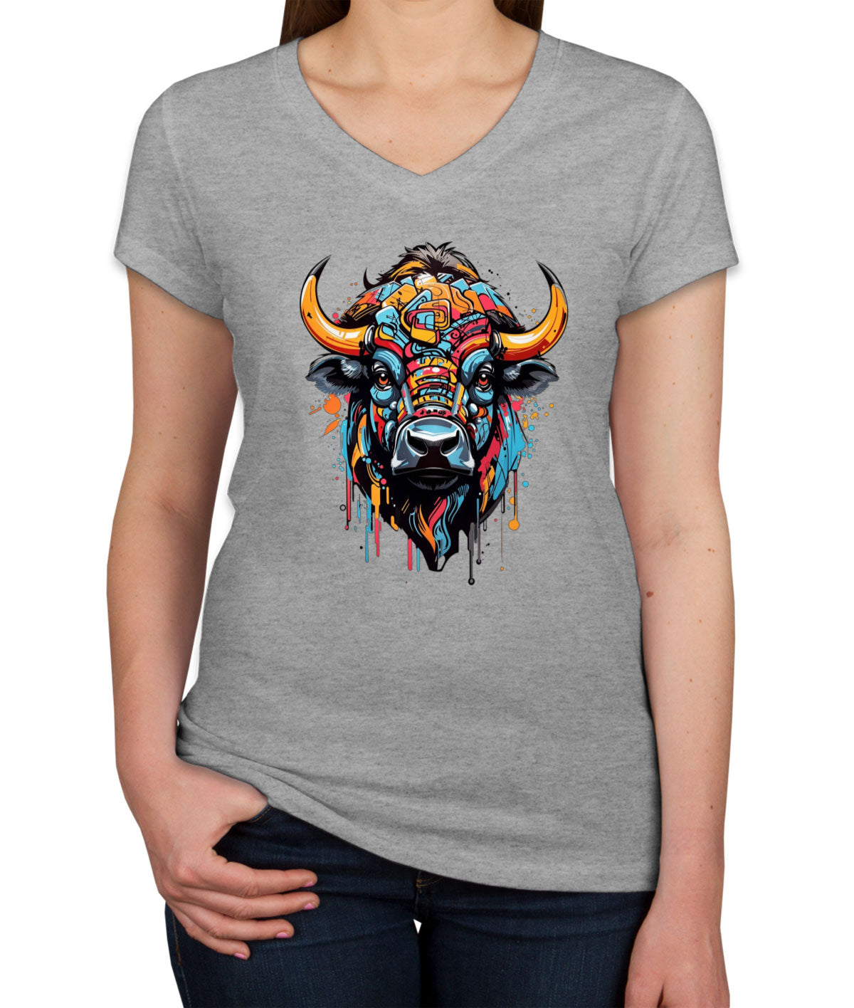 Illustration Colorful Bull head Women's V Neck T-shirt