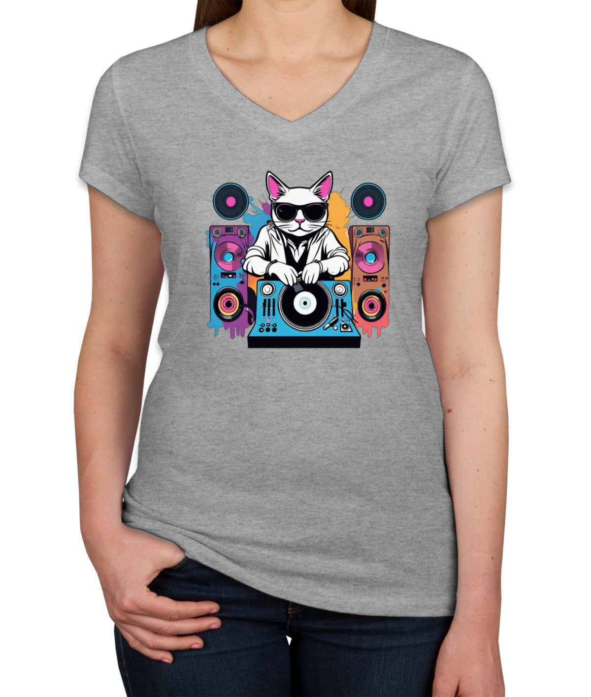 Cool Dj Cat Women's V Neck T-shirt