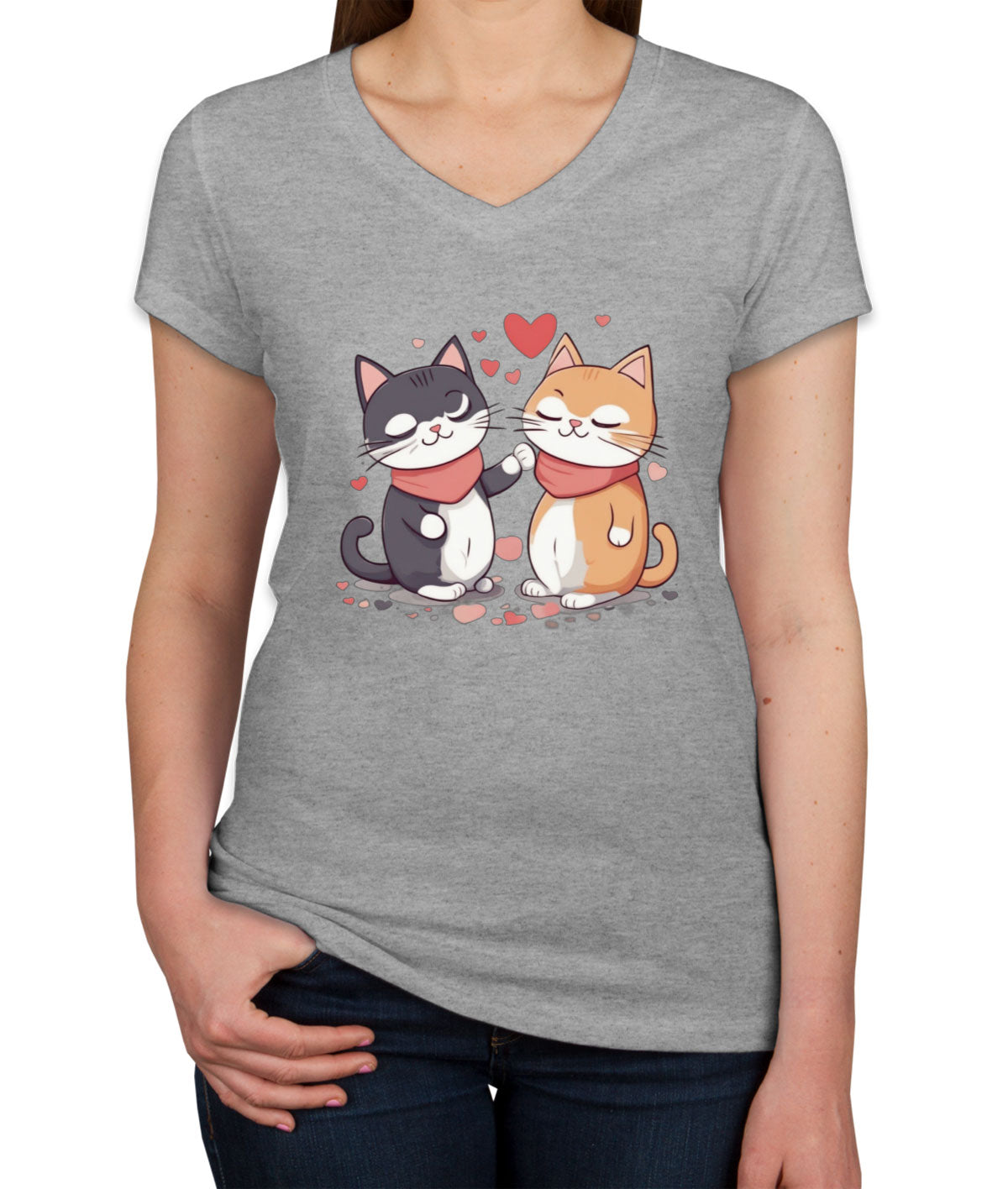 Cute Cat Couples Valentine's Day Women's V Neck T-shirt