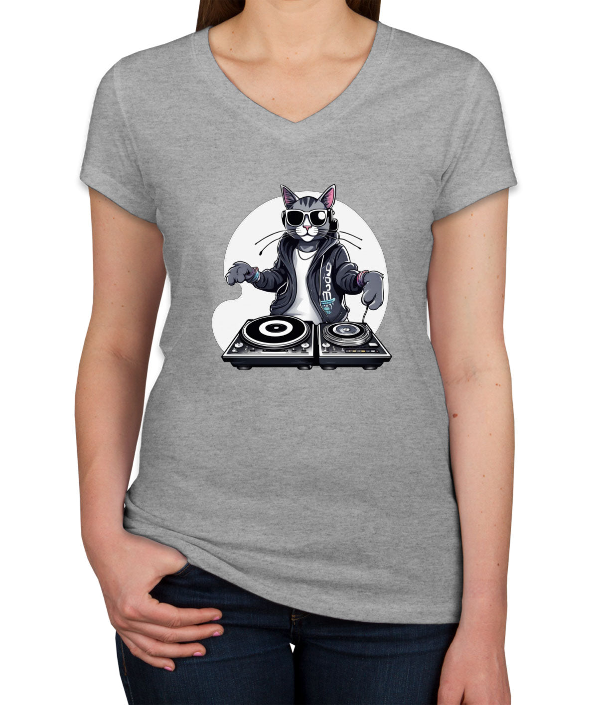 Cool Dj Cat Women's V Neck T-shirt