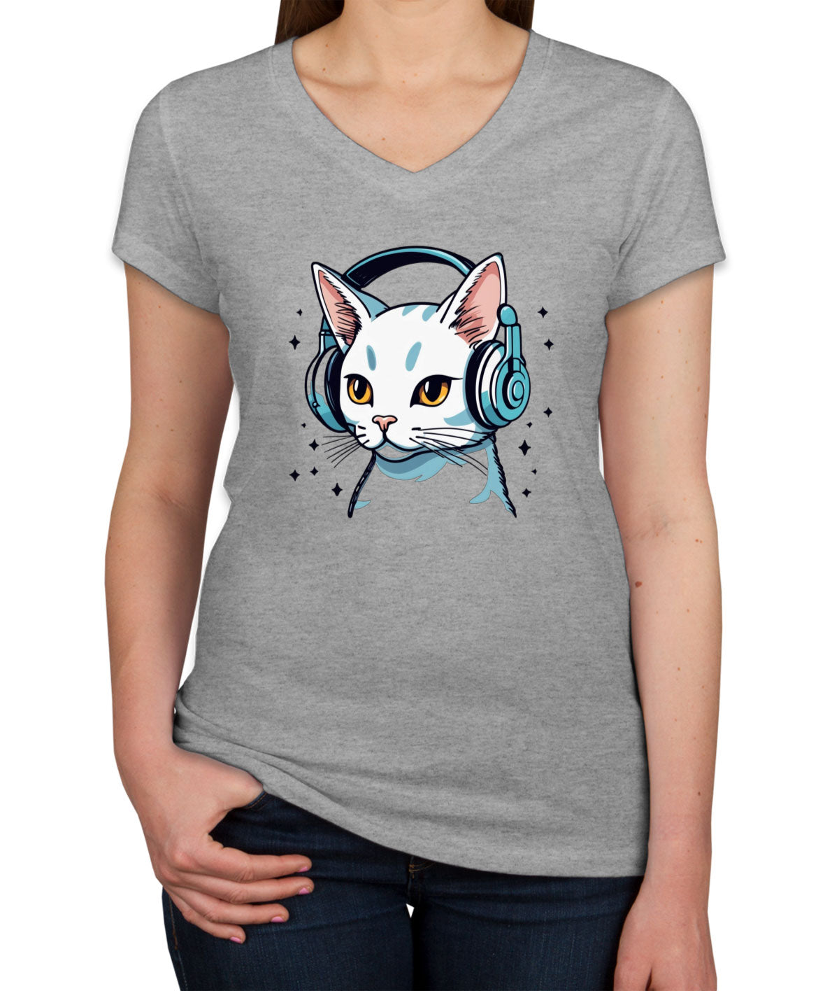 Cool Cat With Headphone Women's V Neck T-shirt