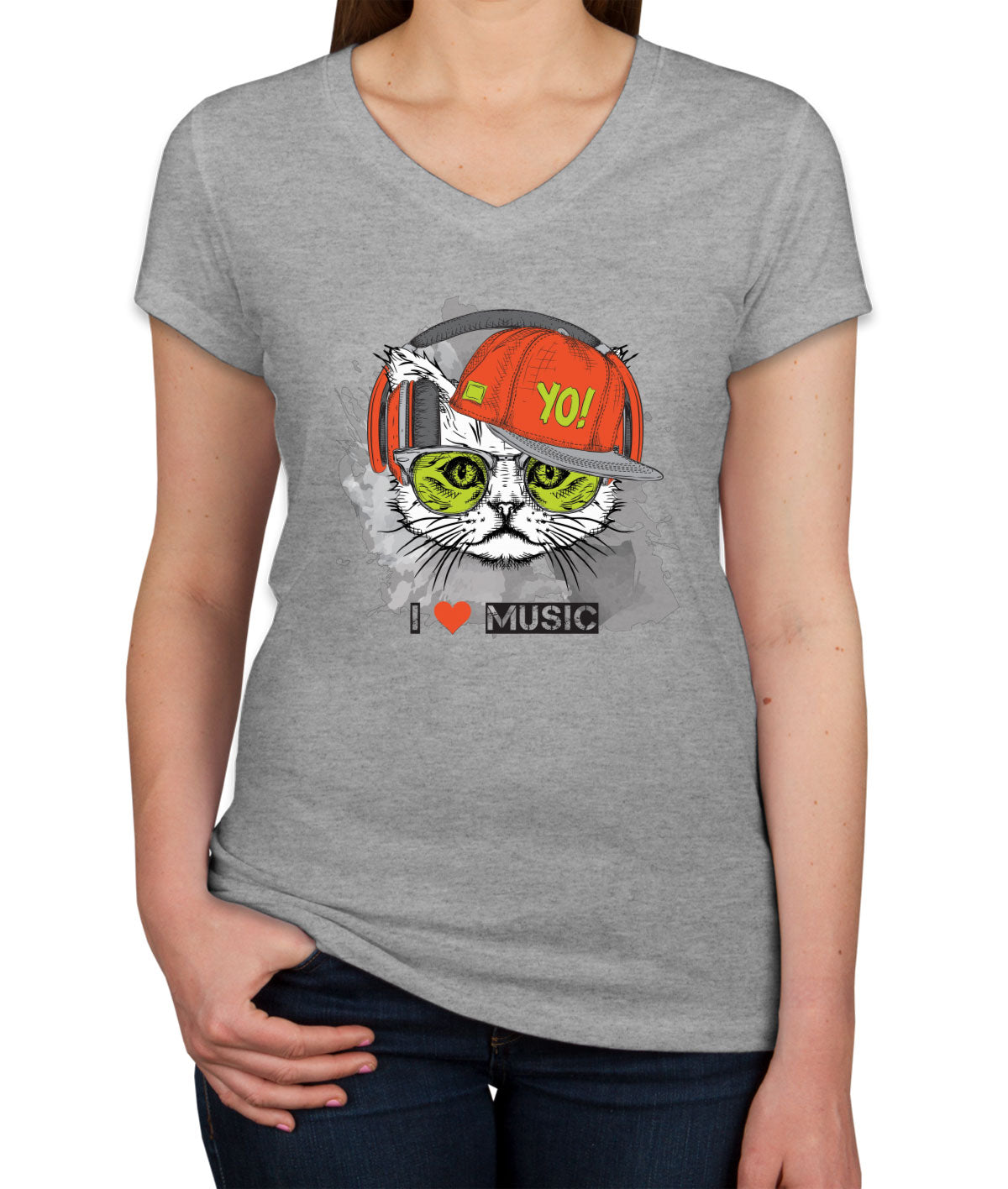 I Love Music Cat With Headphones Women's V Neck T-shirt