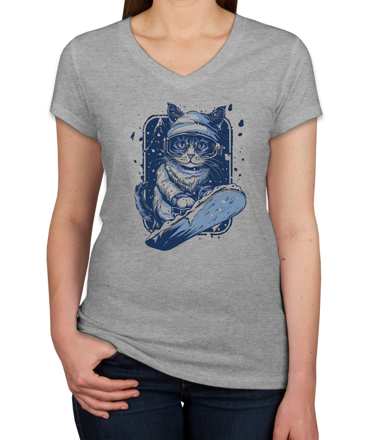 Snowboarding Cat Women's V Neck T-shirt